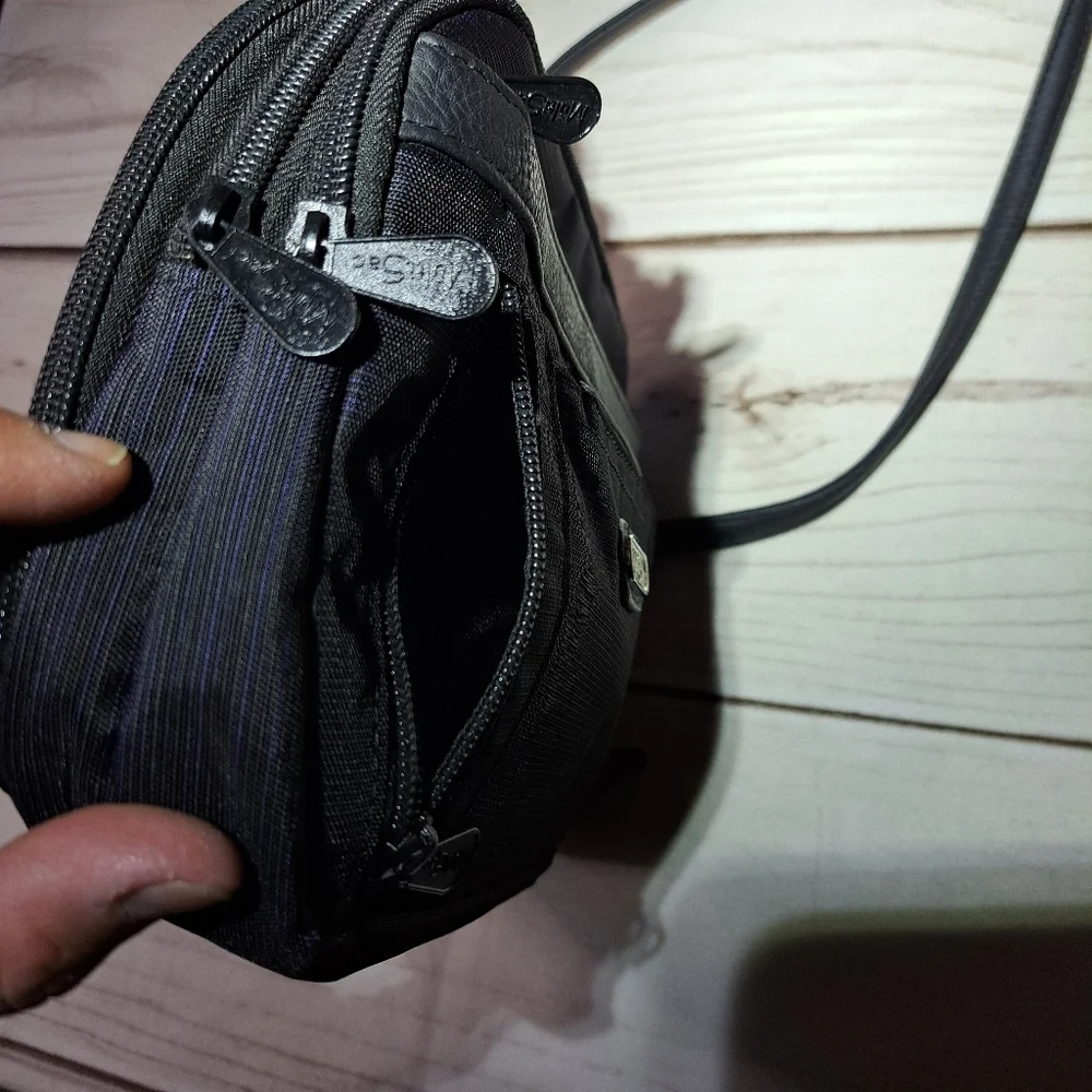 Multisac Black And Blue Pin Stripe Crossbody Purse Lots Of Pockets